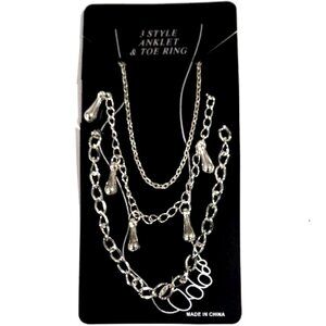 Silver Tone 3-Piece Anklet Set w/ Teardrop-shaped Charms – Trendy Summer Jewelry